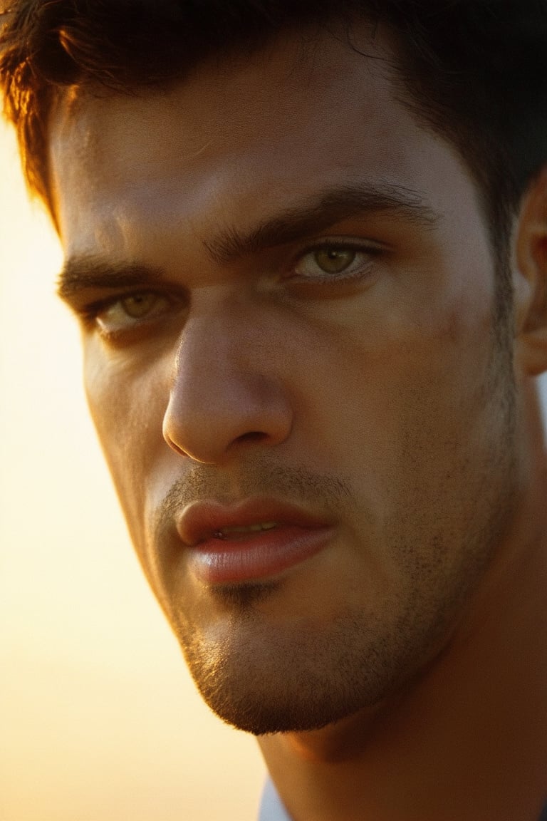 A close-up shot of Jero's determined face, with a faint hint of sweat glistening on his forehead as he intensely focuses on the task at hand. The warm golden light of a sunset casts a flattering glow on his features, while the subtle blur of the background creates a sense of depth and intensity in this moment of focused passion.