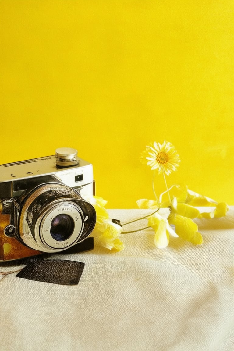 A warm and inviting scene: a bright yellow background illuminates a minimalist still life setup featuring a vintage-inspired camera, a small stack of old film rolls, and a single, delicate flower, its petals unfolding like a tiny sun. Soft, diffused lighting casts a gentle glow, highlighting the textured surfaces and adding depth to the composition.