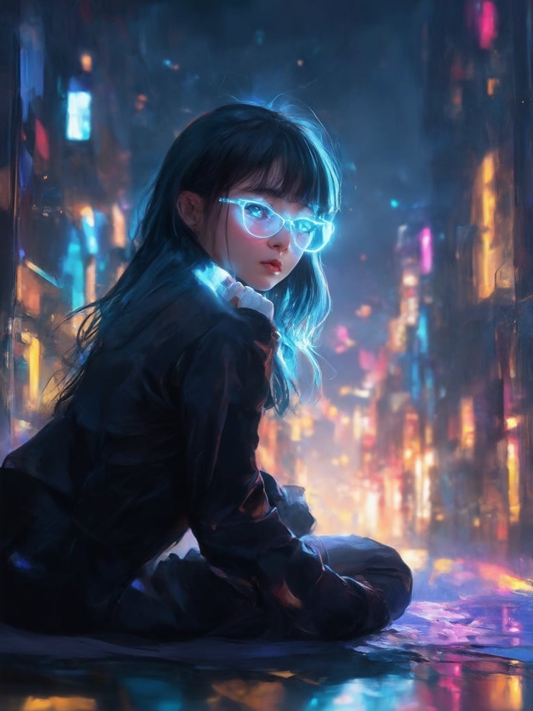 A mesmerizing cyberpunk girl, donning clear neon glasses, sits amidst a golden ratio-imbued cityscape at dusk. Soft light leaks and subsurface scattering dance across her face, as intricate details and decadent textures come alive in 32k UHD. Her eyes, painted with masterful precision, sparkle like gemstones. Rim lighting accentuates her features, set against a deep, vibrant background of complementary colors. Sharp focus ensures every brushstroke is a testament to the artist's skill. This digital painting masterpiece exudes warmth and charm, transporting viewers to an ever-after high fantasy realm, reminiscent of art by Artgerm, Loish, and Wlop.