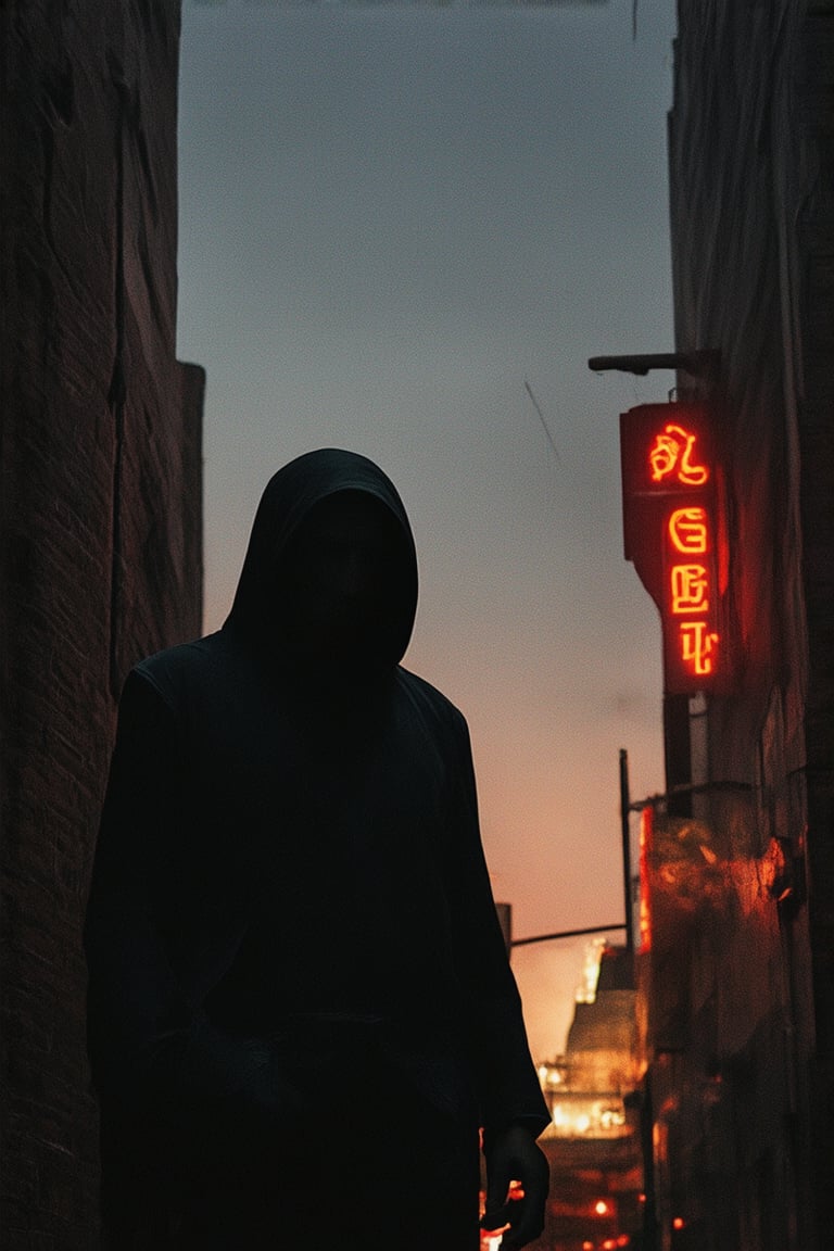 A dark, gritty cityscape at dusk. A lone figure, shrouded in shadows, stands atop a worn brick building. The hero's face is obscured by a hood, their eyes glowing like embers in the dim light. The city's neon signs cast a gaudy glow, while the hero's dark attire seems to absorb the light, making them nearly invisible against the urban backdrop.