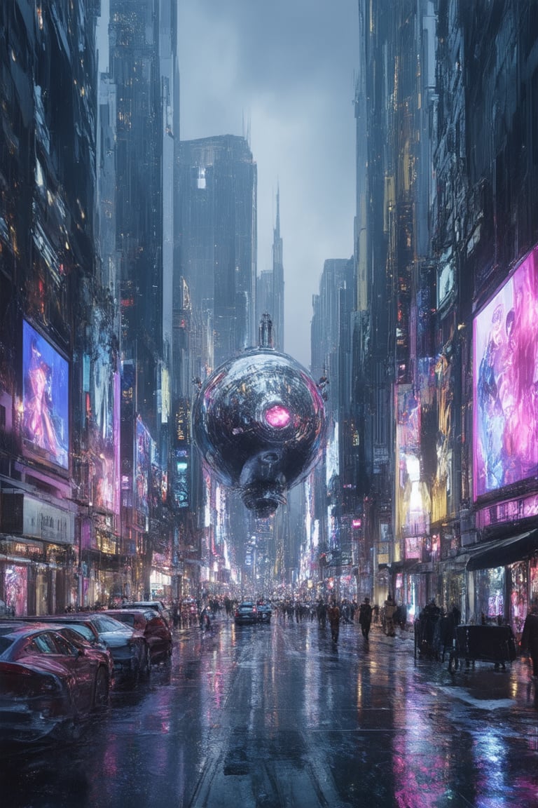 A futuristic cityscape at dusk, with holographic advertisements dancing across the neon-lit skyscrapers. In the center, a sleek, silver holo-dyss vessel hovers above the crowded streets, its shimmering aura casting an ethereal glow on the pavement below. Cars and pedestrians move in slow motion, as if frozen in time, amidst the vibrant cityscape's hum of activity.