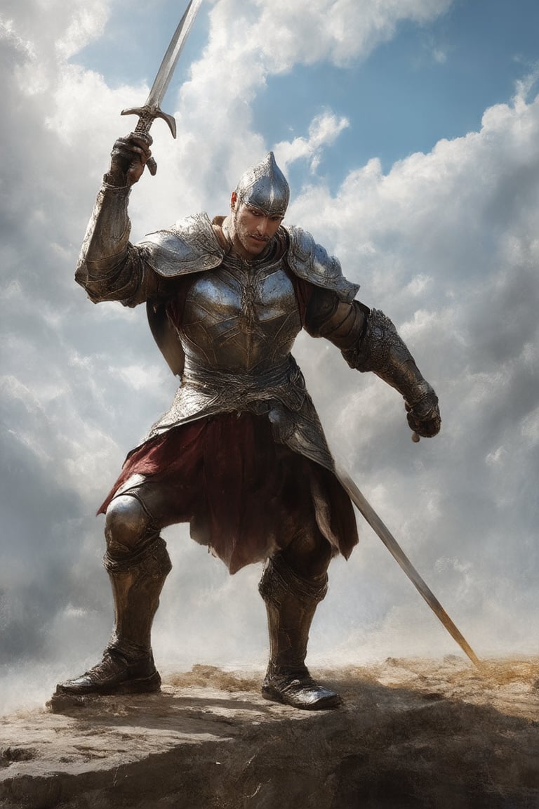 A mystical depiction of a legendary hero in a classic style. A powerful warrior stands proudly, clad in shining armor and holding a mighty sword aloft. The framing is cinematic, with the hero positioned at the center of the shot against a sweeping sky of blue and white clouds. Soft, warm lighting casts a heroic glow upon their face, emphasizing strength and determination. The composition is balanced, with subtle hints of ancient ruins or mystical energies swirling around them. The warrior's pose exudes confidence and readiness for battle, while the background suggests a rich history waiting to be uncovered.