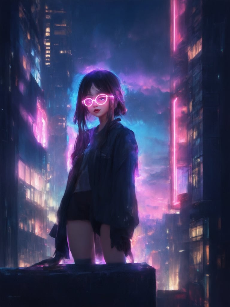 A neon-lit cyberpunk cityscape at dusk, with a stunning girl standing atop a futuristic skyscraper. She wears clear neon glasses, her eyes gleaming with an otherworldly intensity. The golden ratio guides the composition, as she stands proudly, surrounded by intricate, decadent details. In 32k UHD resolution, this digital painting masterpiece boasts smooth, sharp focus, with detailed eyes and face that seem to leap off the screen. ArtStation-quality concept art by a renowned artist like Loish or Wlop, featuring light leaks, subsurface scattering, and rim lighting that creates a sense of depth and dimensionality. The vibrant complementary colors pop against the deep background, exuding a heartwarming, uplifting charm.