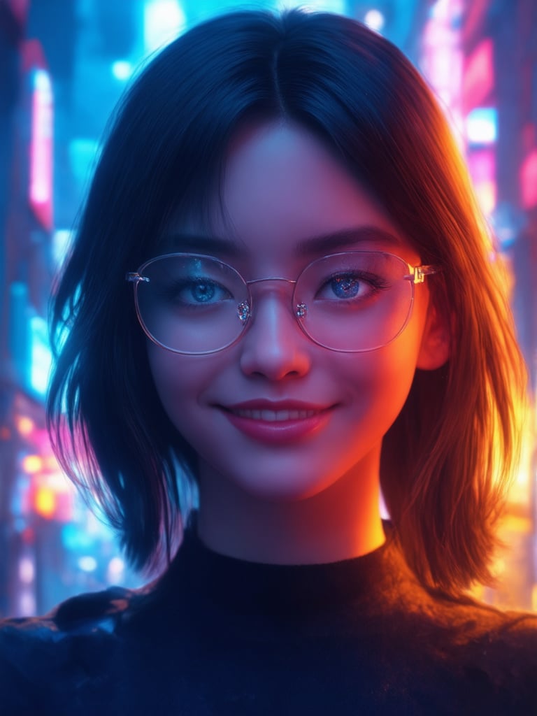 In a neon-drenched cyberpunk cityscape, a captivating girl with clear glasses gleams like a beacon of hope. Her features are rendered in exquisite detail, adhering to the golden ratio, as if framed by Artgerm himself. In 32k UHD resolution, her eyes sparkle like polished jewels, surrounded by intricate, decadent facial details. The atmosphere is charged with vibrant complementary colors, subtle light leaks, and rim lighting, casting a warm glow on her charming smile. As the camera zooms in, sharp focus captures every nuance of her expression, inviting the viewer to step into this fantasy world of Octane Render's masterpiece.