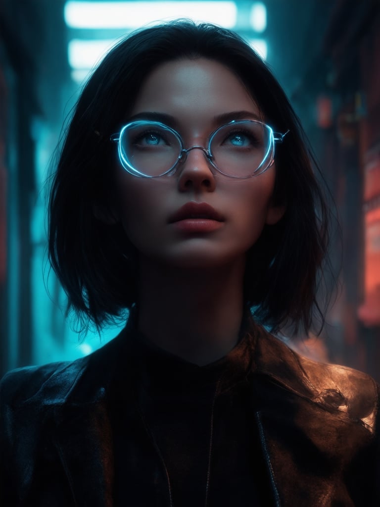 A cyberpunk beauty, donning clear neon glasses, stands majestically in a dimly lit alleyway. The golden ratio guides the composition as she gazes upwards, her eyes sparkling with intricate details. The 32K UHD rendering showcases every delicate feature, reminiscent of Artgerm's and Loish's masterpieces on ArtStation. Warm light leaks through subsurface scattering, rim lighting her face, while vibrant complementary colors dance in the deep background. Sharp focus highlights the smooth, sharp features of her determined expression, radiating a heartwarming, uplifting charm.