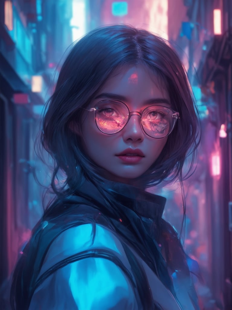 In a neon-lit alleyway, a cyberpunk girl with clear glasses shines bright. Framed by a golden ratio composition, she stands amidst intricate details. Her face, a masterpiece of detailed features and highest quality, is illuminated by rim light and subsurface scattering. Light leaks dance across her skin as vibrant complementary colors radiate from the deep background. The atmosphere is ever after high, with smooth, sharp focus in this digital painting, reminiscent of artgerm's and loish's stunning concept art on Artstation.