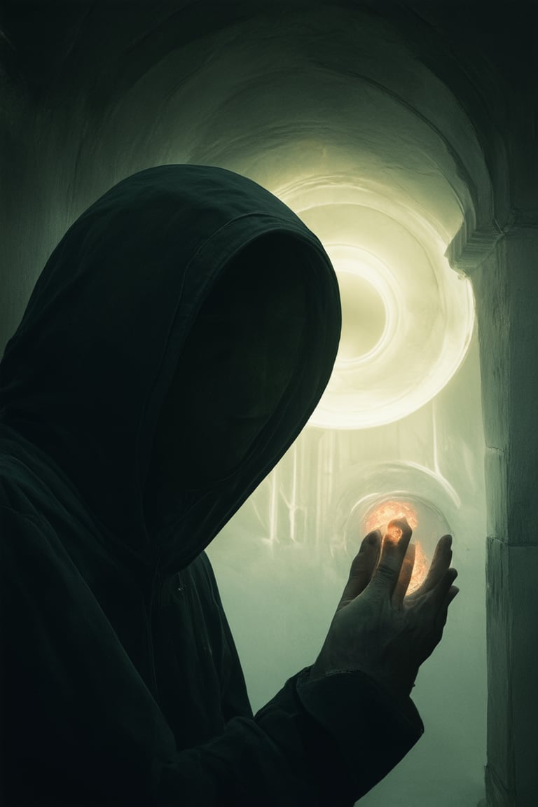 A hauntingly lit scene: Logical Darkness - A dimly lit chamber, walls fading to darkness at the edges, with a lone figure shrouded in shadow. The subject's face is obscured by a hood, while their hands grasp a mysterious, glowing orb. The atmosphere is heavy with anticipation, as if waiting for the spark of revelation to illuminate the unknown.