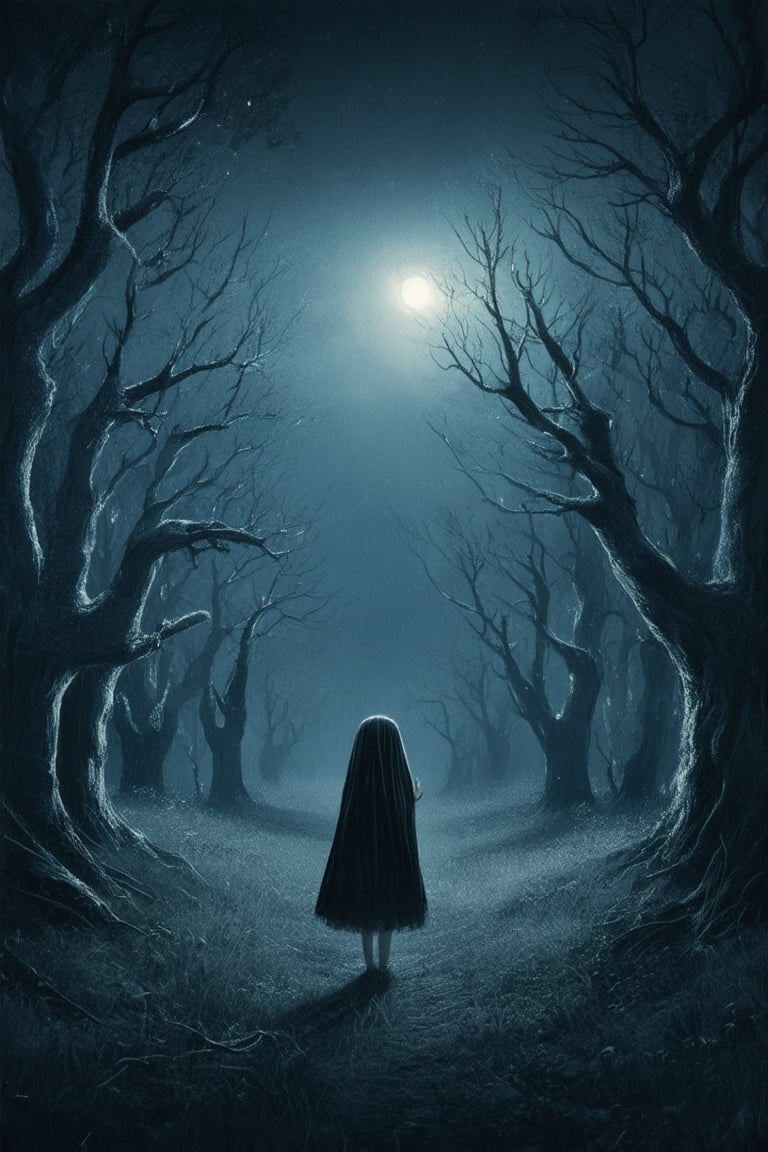 A midnight forest glade bathed in soft, eerie moonlight, where twisted tree branches stretch towards a darkened sky like skeletal fingers. A petite figure, shrouded in shadows, stands at the edge of the clearing, surrounded by an aura of mystery and secrecy.