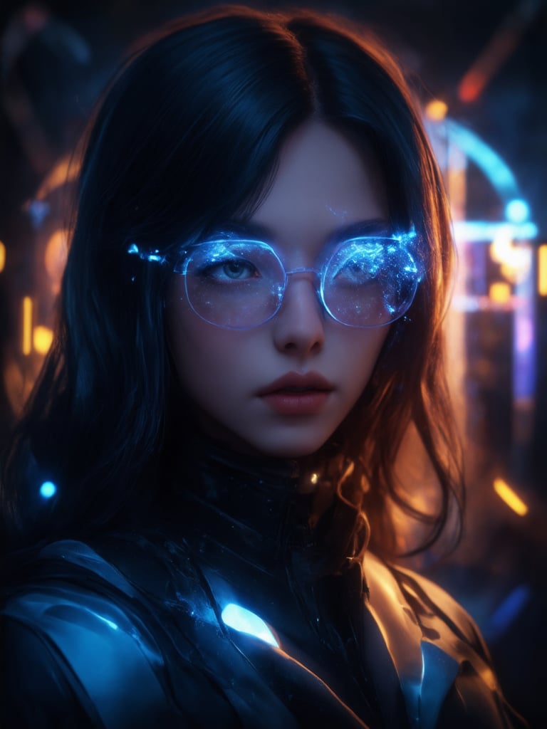 A cyberpunk girl with clear neon glasses, situated within a golden ratio-framed composition. The scene is bathed in warm, soft light, with subtle light leaks and subsurface scattering, highlighting the intricate details of her costume. Rim lighting accentuates her features, while vibrant complementary colors bring depth to the background. Her face is rendered in stunning detail, with sharp focus on her eyes, which sparkle like tiny jewels. The overall atmosphere is heartwarming, uplifting, and charming, inviting the viewer to step into this decadent, cyberpunk world.