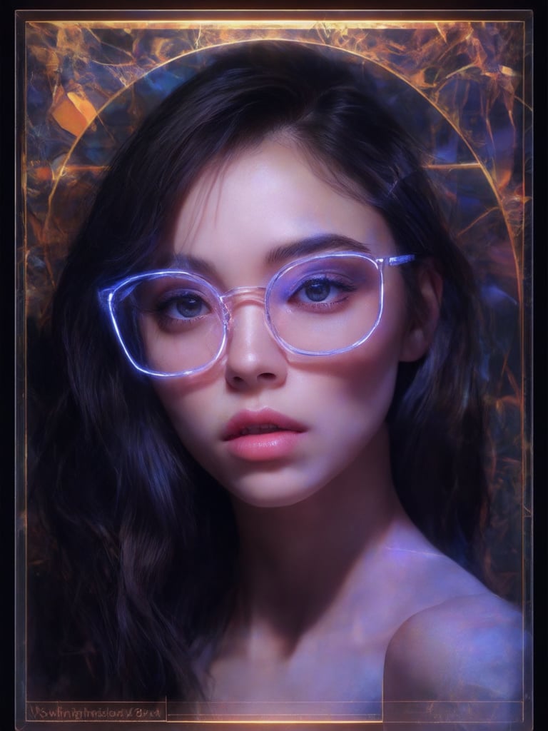 A stunning cyberpunk girl with clear neon glasses, set against a mesmerizing backdrop of intricate, decadent details. Framed within the golden ratio, she exudes charm and warmth, as if stepping out of a fantasy world. In 32K UHD, her features are rendered in sharp focus, with masterfully detailed eyes and face. Soft light leaks and subsurface scattering enhance her features, while rim lighting adds depth to her silhouette. The background is a vibrant tapestry of complementary colors, inviting the viewer to step into this cyberpunk realm.