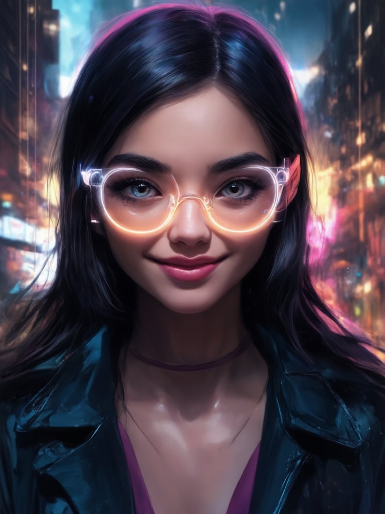 In a dystopian cityscape, a striking cyberpunk girl with clear neon glasses and intricate details stands out against a vibrant, high-contrast background. Golden ratio guidelines are subtly woven throughout the composition, drawing the viewer's eye to her radiant face. In 32K UHD, every aspect of this digital painting is meticulously rendered: from the sharp focus on her charming smile to the deep, detailed eyes that seem to sparkle with an otherworldly intensity. Artgerm's signature style shines through in the smooth, velvety textures and Loish-inspired whimsy infuses the overall aesthetic. Wlop-worthy, indeed!