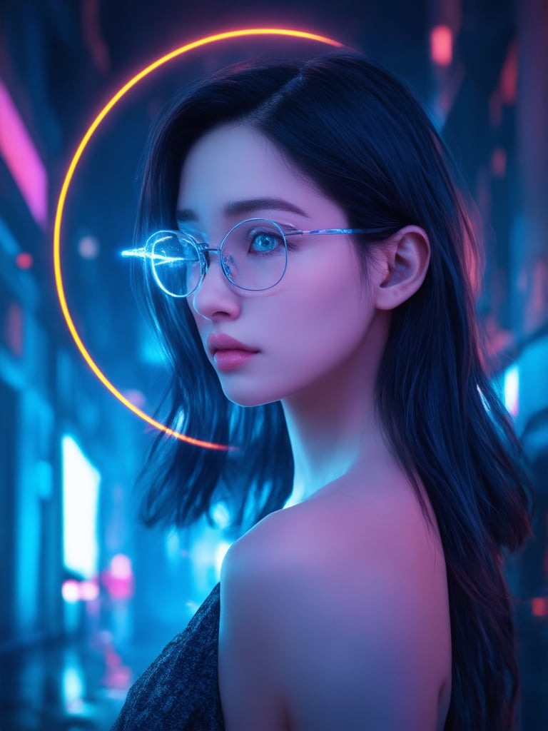 In a neon-lit cyberpunk cityscape, a captivating young woman with clear glasses, glowing blue irises, and intricate details framed by the golden ratio, stands out against a backdrop of sleek architecture. Her porcelain skin is illuminated by subtle light leaks, accentuating her delicate features. Rim lighting defines her profile, while subsurface scattering adds depth to her eyes. Vibrant complementary colors dance in the deep background, drawing the viewer's focus to this charming, heartwarming masterpiece.