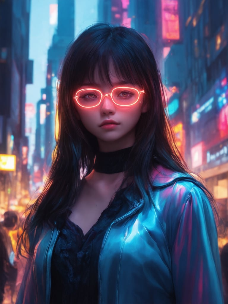 In a cyberpunk world, a charismatic girl with clear neon glasses stands out amidst the city's neon-lit chaos. Framed by a golden ratio composition, she gazes directly at us with detailed eyes that seem to sparkle like diamonds in 32K UHD resolution. Her intricate, decadent outfit shimmers under vibrant complementary colors, set against a deep background of pulsing cityscapes. Soft light leaks and subsurface scattering enhance the rim lighting, casting a warm glow on her charming face, now rendered with smooth, sharp focus. A masterpiece of digital painting, evoking the styles of ArtGerm, Loish, and Wlop, this concept art is a testament to the artist's skill and dedication.