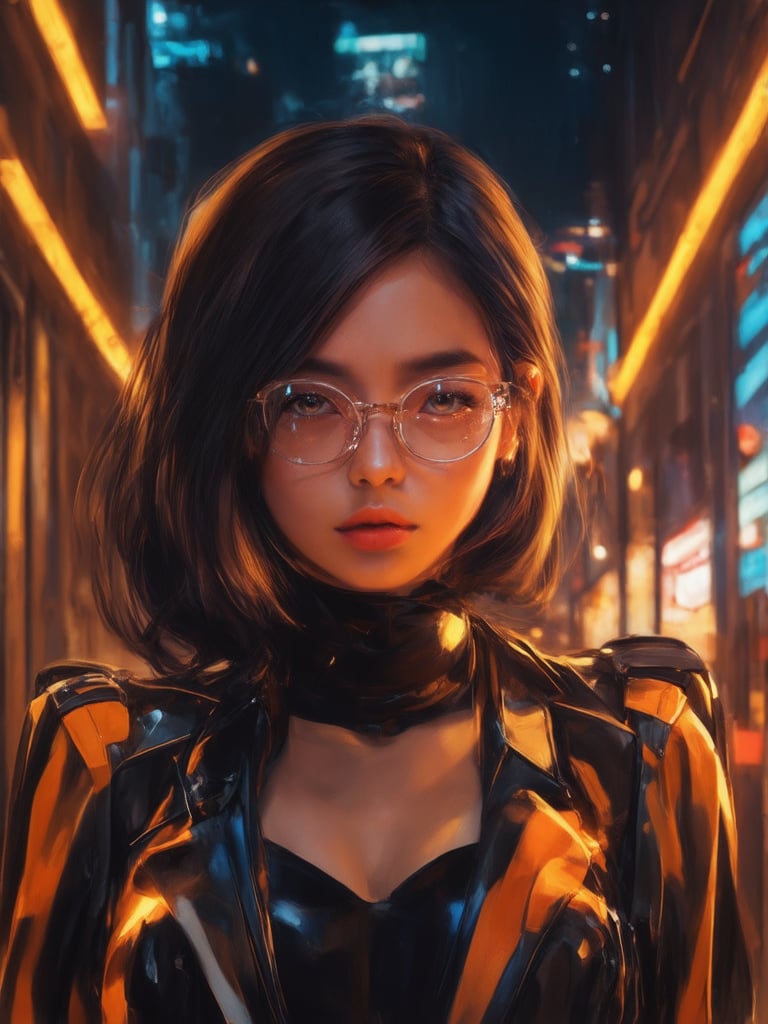 In a neon-lit alleyway of a futuristic metropolis, a striking cyberpunk girl with clear glasses and an intricate outfit stands out against a golden ratio-inspired backdrop. The camera zooms in on her face, showcasing detailed features and mesmerizing eyes. The lighting is a masterclass in rim light, subsurface scattering, and light leaks, casting a warm glow on the subject's skin. Her cyberpunk attire glows with vibrant complementary colors, while the deep background adds depth to the composition. With sharp focus and smooth textures, this digital painting exudes charm, warmth, and a sense of ever-after high fantasy.