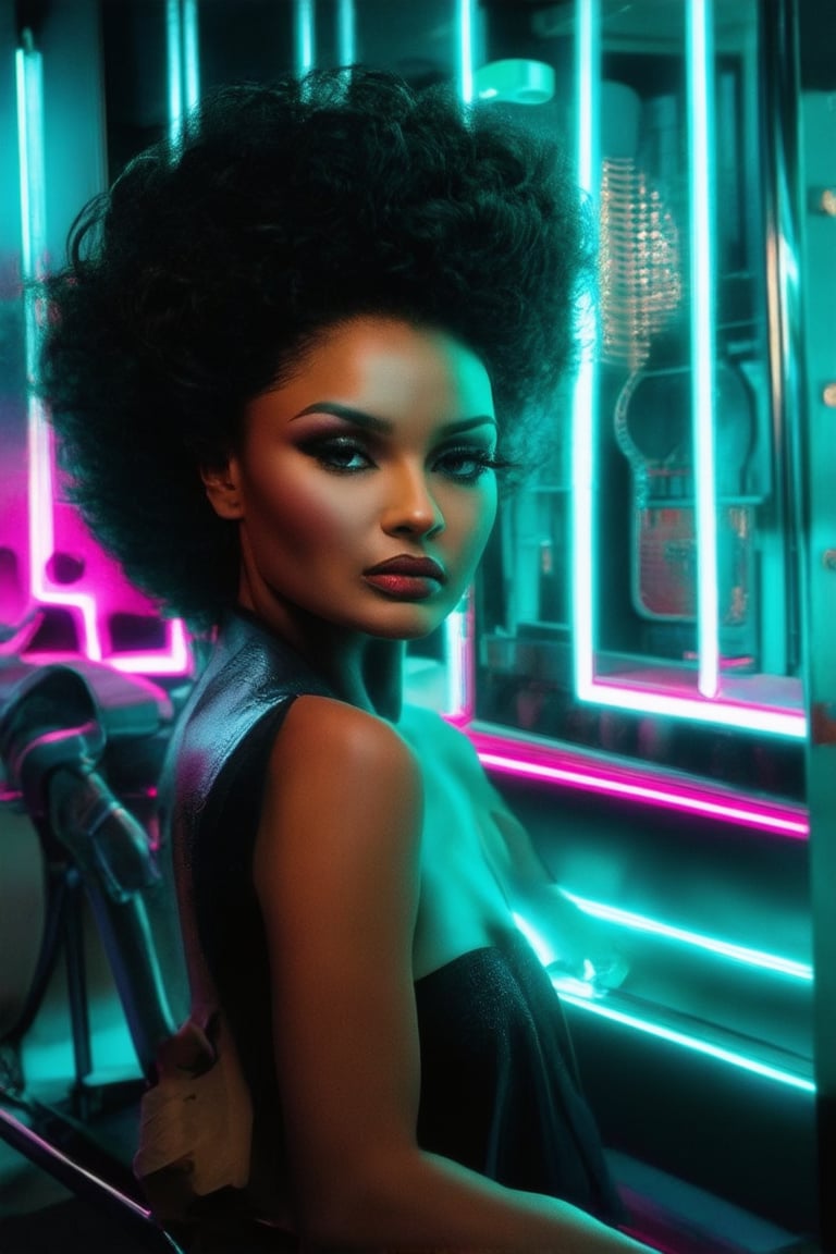 Vibrant neon lights illuminate a darkened beauty parlor in an 80s-inspired aesthetic. A stunning model with big hair and bold makeup poses confidently in front of a retro-futuristic backdrop, surrounded by gleaming chrome fixtures and neon-lit mirrors. Her striking features are accentuated by the warm glow of fluorescent lighting.