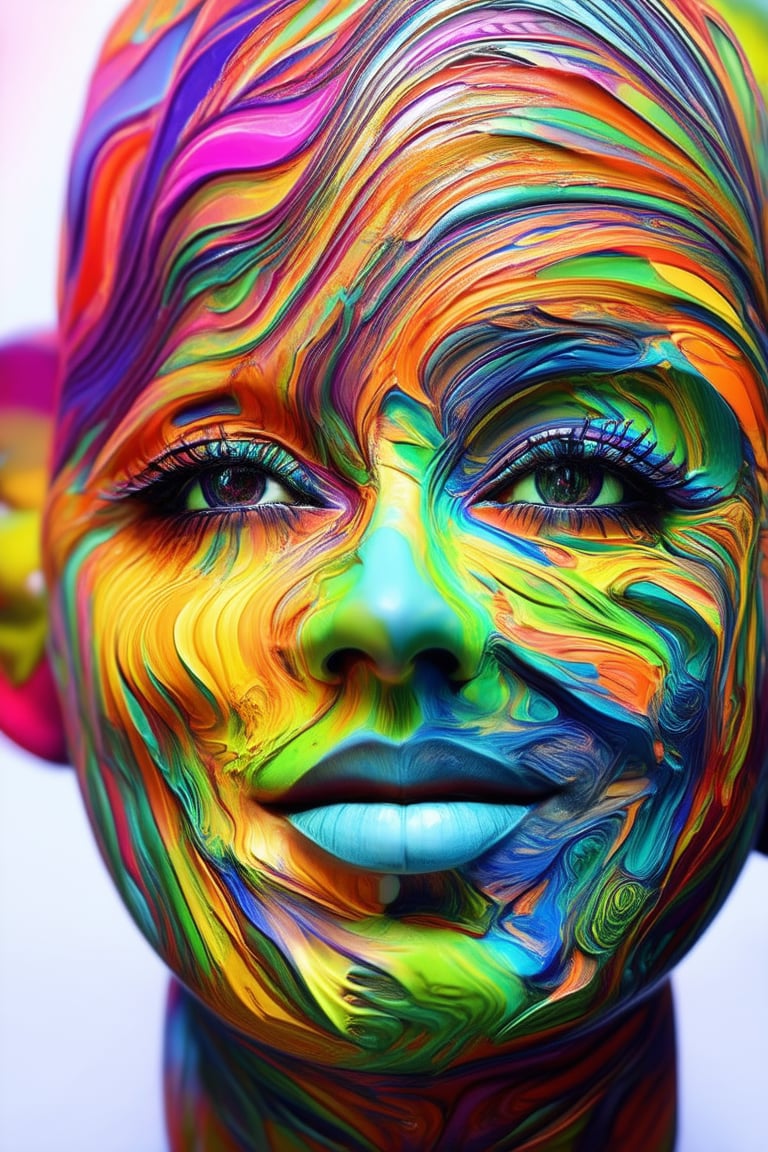 A close-up shot of a 3D colorful face, with vibrant hues blending together in harmony, set against a bright white background. The facial features are rendered in intricate detail, with swirling patterns and shapes dancing across the skin. The subject's eyes sparkle with playful curiosity, as if ready to burst into a mischievous grin.