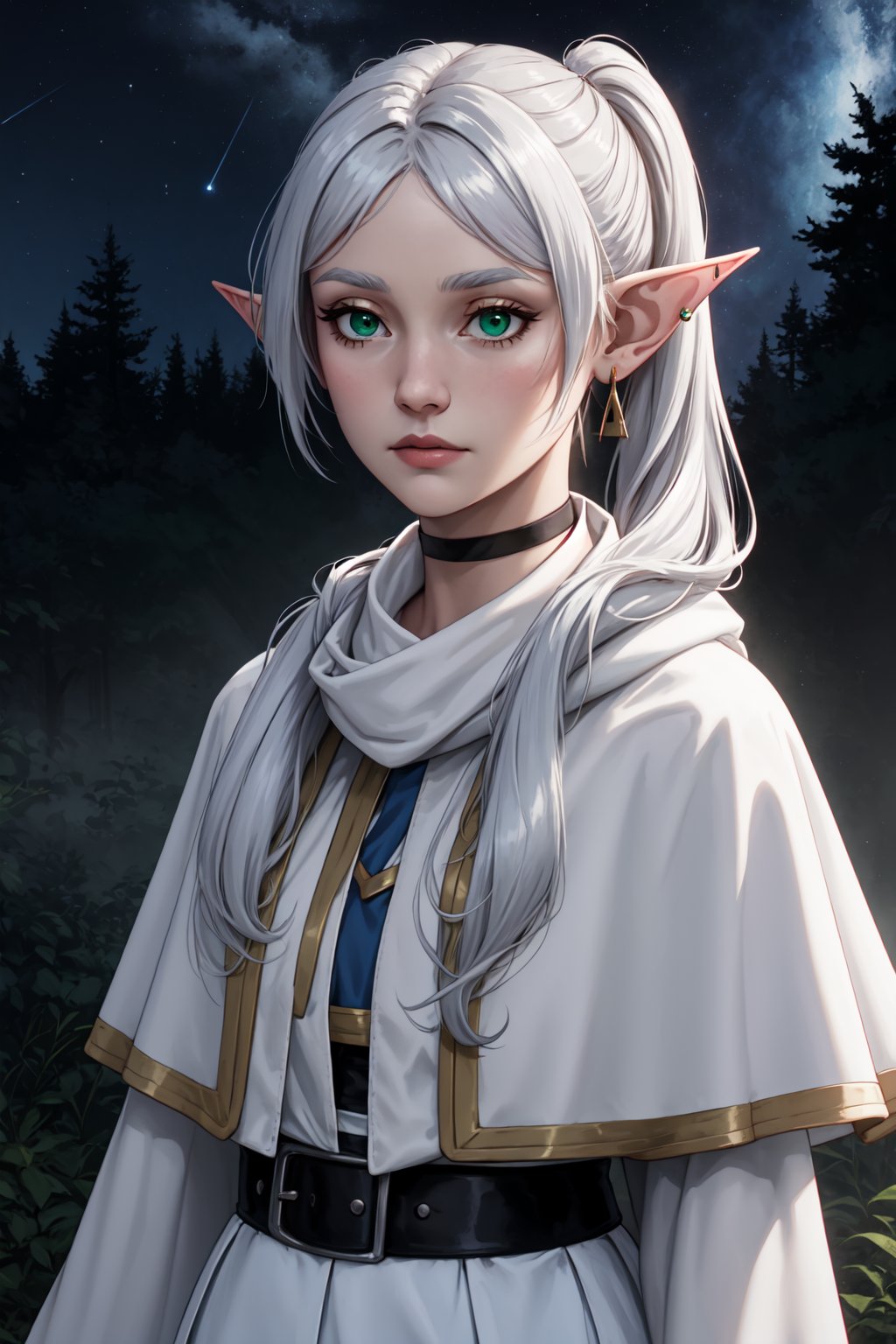 Portrait of Frieren, the elven mage from 'Frieren: Beyond Journey's End', high-resolution artwork. Youthful face with timeless, ethereal beauty. Large, expressive green eyes reflecting centuries of wisdom. Long, flowing silver-white hair with intricate elven styling. Delicate pointed ears. Serene expression with a hint of melancholy. Wearing elegant mage robes in soft, muted colors with subtle magical runes. A magic staff or spell book partially visible. Ethereal magical aura surrounding her. Background blending misty forests and starry skies, symbolizing her long journey. Capture her ageless appearance contrasted with the weight of her experiences.,Extremely Realistic,FrierenSSnF,grey hair, long hair, twintails, parted bangs, earrings, pointy ears,FrierenCasual, striped shirt, white capelet, black belt, white skirt, long sleeves, black pantyhose,FrierenDress, white dress, sleeveless,FrierenWinter, white coat, blue scarf, buttons, long sleeves,grey hair, long hair, ponytail, parted bangs, earrings, pointy ears,FrierenDance, white dress, short sleeves, white choker,frieren