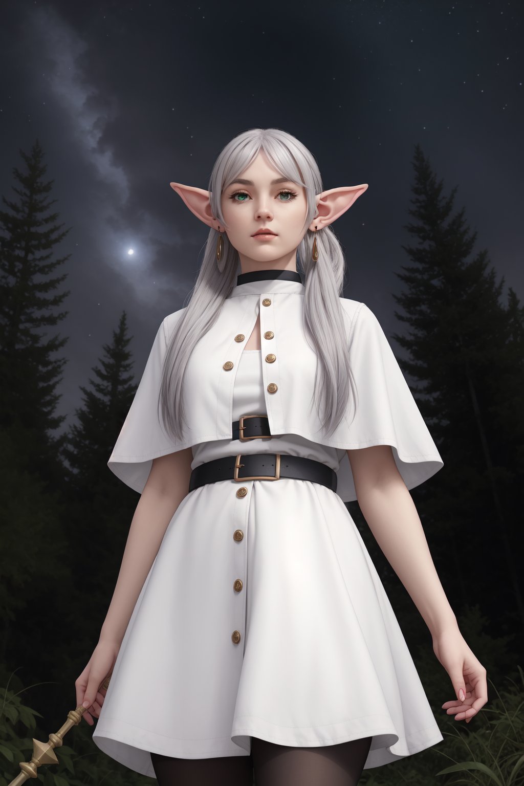 Portrait of Frieren, the elven mage from 'Frieren: Beyond Journey's End', high-resolution artwork. Youthful face with timeless, ethereal beauty. Large, expressive green eyes reflecting centuries of wisdom. Long, flowing silver-white hair with intricate elven styling. Delicate pointed ears. Serene expression with a hint of melancholy. Wearing elegant mage robes in soft, muted colors with subtle magical runes. A magic staff or spell book partially visible. Ethereal magical aura surrounding her. Background blending misty forests and starry skies, symbolizing her long journey. Capture her ageless appearance contrasted with the weight of her experiences.,Extremely Realistic,FrierenSSnF,grey hair, long hair, twintails, parted bangs, earrings, pointy ears,FrierenCasual, striped shirt, white capelet, black belt, white skirt, long sleeves, black pantyhose,FrierenDress, white dress, sleeveless,FrierenWinter, white coat, blue scarf, buttons, long sleeves,grey hair, long hair, ponytail, parted bangs, earrings, pointy ears,FrierenDance, white dress, short sleeves, white choker,frieren