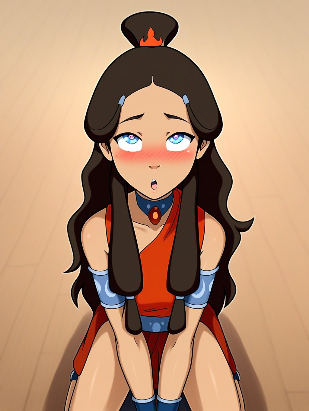 Katara, KataraFire, hypnotized, blushing, girl with expression of pleasure,sexy body, ecchi, pleasured_face, full_body, kneeling, content