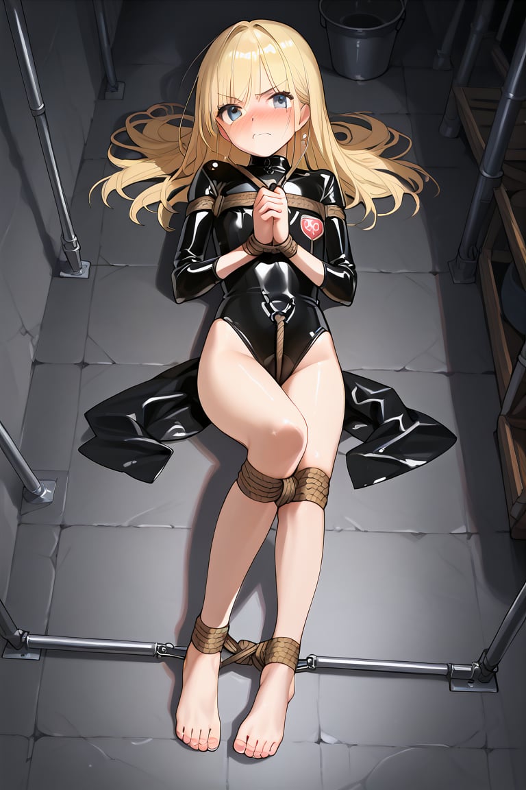 score_9, score_8_up, score_7_up, score_6_up, score_9, score_8_up, score_8, anime, Extremely realistic, cute, blonde girl, adulte, locked in a black latex outfit, unable to move, sealed in a black latex suit, trapped in a black  latex outfit, fixed to the floor, (feet tied together, hands tied together, legs tied together:1.2), 1girl, blushing very hard, (nose blush:1.2), angry, (furious:1.2), hands in front of her, stretched out at full length, lying on the floor, in a dark room, in a dark dungeon, in a dark jail, prisoner, (shibari:1.2), takatekote, (she struggles extremely violently:1.2),
source_anime