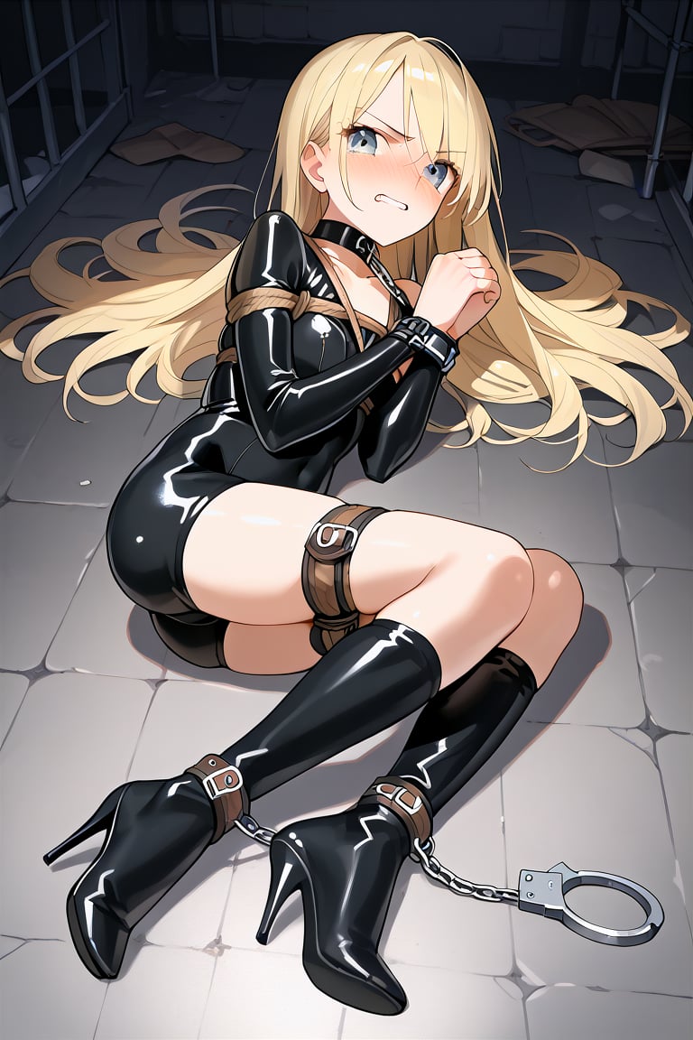 score_9, score_8_up, score_7_up, score_6_up, score_9, score_8_up, score_8, anime, Extremely realistic, cute, blonde girl, adulte, locked in a black latex outfit, unable to move, sealed in a black latex suit, trapped in a black  latex outfit, fixed to the floor, (feet tied together, hands tied together, legs tied together:1.2), 1girl, blushing very hard, (nose blush:1.2), angry, (furious:1.2), hands in front of her, stretched out at full length, lying on the floor, in a dark room, in a dark dungeon, in a dark jail, prisoner, (shibari:1.2), takatekote, (she struggles extremely violently:1.2), handcuffs for hands, handcuffs for feet, submissive collar, high heels,
source_anime