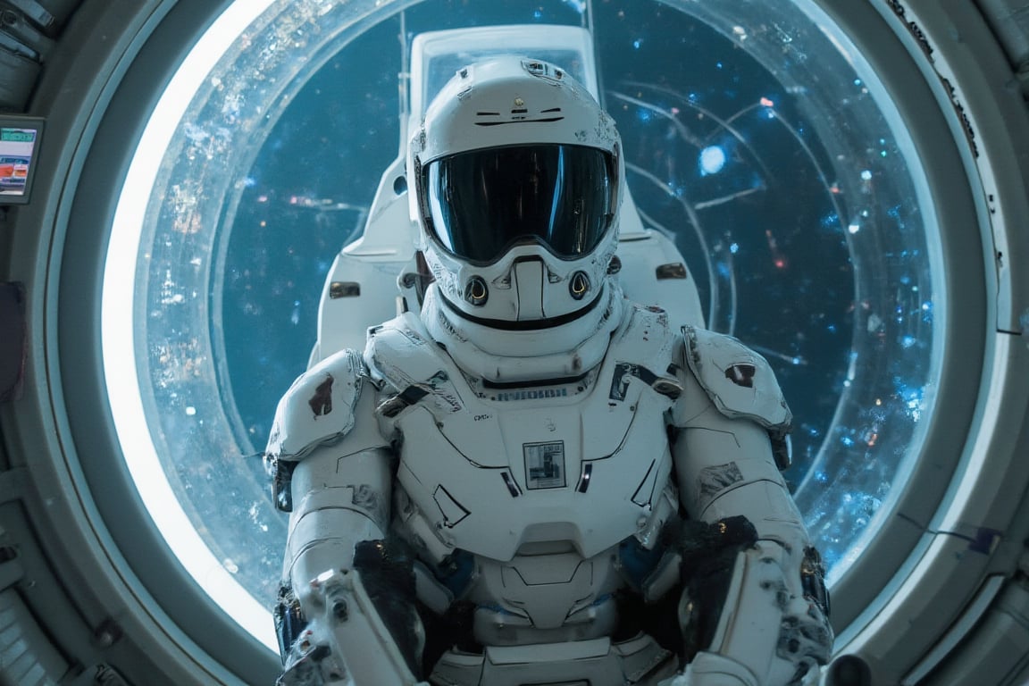 cinematic shot,realistic image, a boy is a operator of robot who are dressing in white battle suit and hi-tech helmet,big eyes,japanese face,he sit in a cockpit and operating now,through the transparent window of bin can see the outer space and the planet earth,battle spaceship and fellowship of gundam,his face turn towards camera