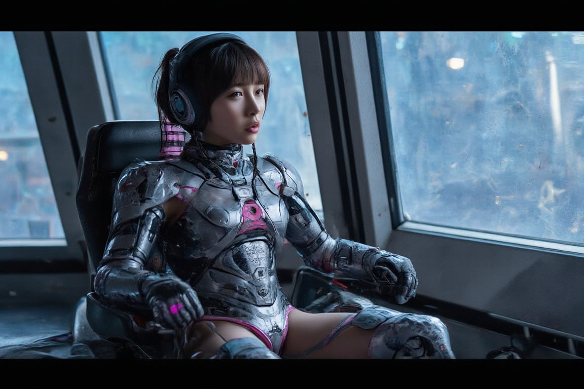 cinematic shot, realistic image, a girl is a operator of robot
who are dressing in silver and pink battle bikini armor and hi-tech
earphone, big eyes, eyelines,tattoo,japanese face,she sit in a
cockpit and operating now, through the transparent window
of bin can see the outer space and the planet earth battle
spaceship and fellowship of gundam,her face turn towards
camera