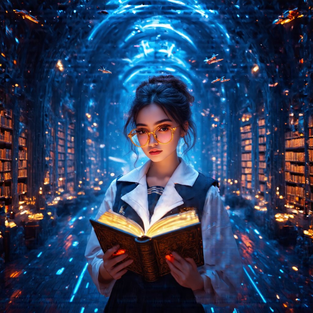 Cinematic shot, realistic image of a stunning woman with big eyes, eyeliner, pink lipstick, and fluffy yellow glasses, dressed in a white high school navy uniform, reading an ancient book in a futuristic library. The library is a model building in the style of Zaha Hadid, illuminated by cold neon lights. Through the high and big window, the blue sky is filled with flight vehicles. The woman is focused on her book, framed in a dynamic composition with the futuristic architecture and flying vehicles in the background.