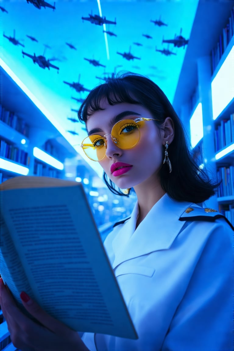 Cinematic shot, realistic image of a stunning woman with big eyes, eyeliner, pink lipstick, and fluffy yellow glasses, dressed in a white high school navy uniform, reading an ancient book in a futuristic library. The library is a model building in the style of Zaha Hadid, illuminated by cold neon lights. Through the high and big window, the blue sky is filled with flight vehicles. The woman is focused on her book, framed in a dynamic composition with the futuristic architecture and flying vehicles in the background.