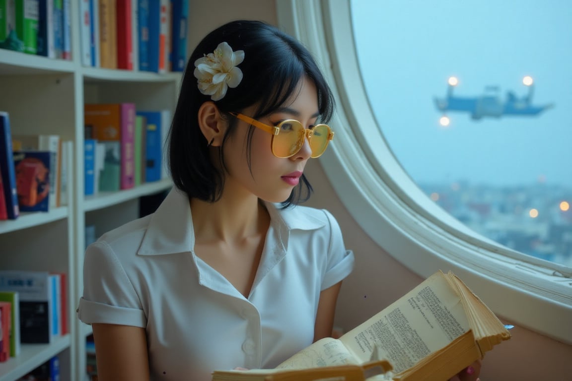 cinematic shot, realistic image, a stunning women reading a ancient book in a futuristic library,she has big eyes,eyeliner,pink lipstick and fluffy yellow glass,she is dressing a white high school navy uniform ,she focus on her book ,the library is a model building as the style of Zaha hadid,cold neon light ,through the high and big window is blue sky and full of flight vehicle