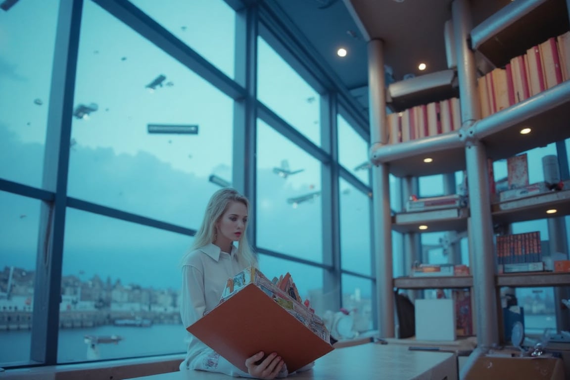 cinematic shot, realistic image, a stunning women reading a ancient book in a futuristic library,she has big eyes,eyeliner,pink lipstick and fluffy yellow glass,she is dressing a white high school navy uniform ,she focus on her book ,the library is a model building as the style of Zaha hadid,cold neon light ,through the high and big window is blue sky and full of flight vehicle