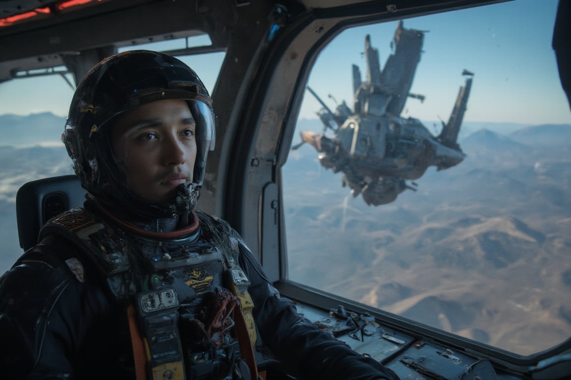 cinematic shot,realistic image, a boy is a operator of robot who are dressing in battle suit and hi-tech helmet,big eyes,japanese face,he sit in a cockpit and operating now,through the transparent window of bin can see the outer space and the planet earth,battle spaceship and fellowship of gundam,his face turn towards camera