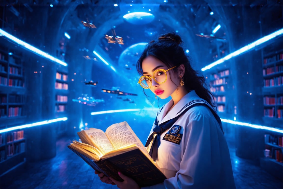 Cinematic shot, realistic image of a stunning woman with big eyes, eyeliner, pink lipstick, and fluffy yellow glasses, dressed in a white high school navy uniform, reading an ancient book in a futuristic library. The library is a model building in the style of Zaha Hadid, illuminated by cold neon lights. Through the high and big window, the blue sky is filled with flight vehicles. The woman is focused on her book, framed in a dynamic composition with the futuristic architecture and flying vehicles in the background.