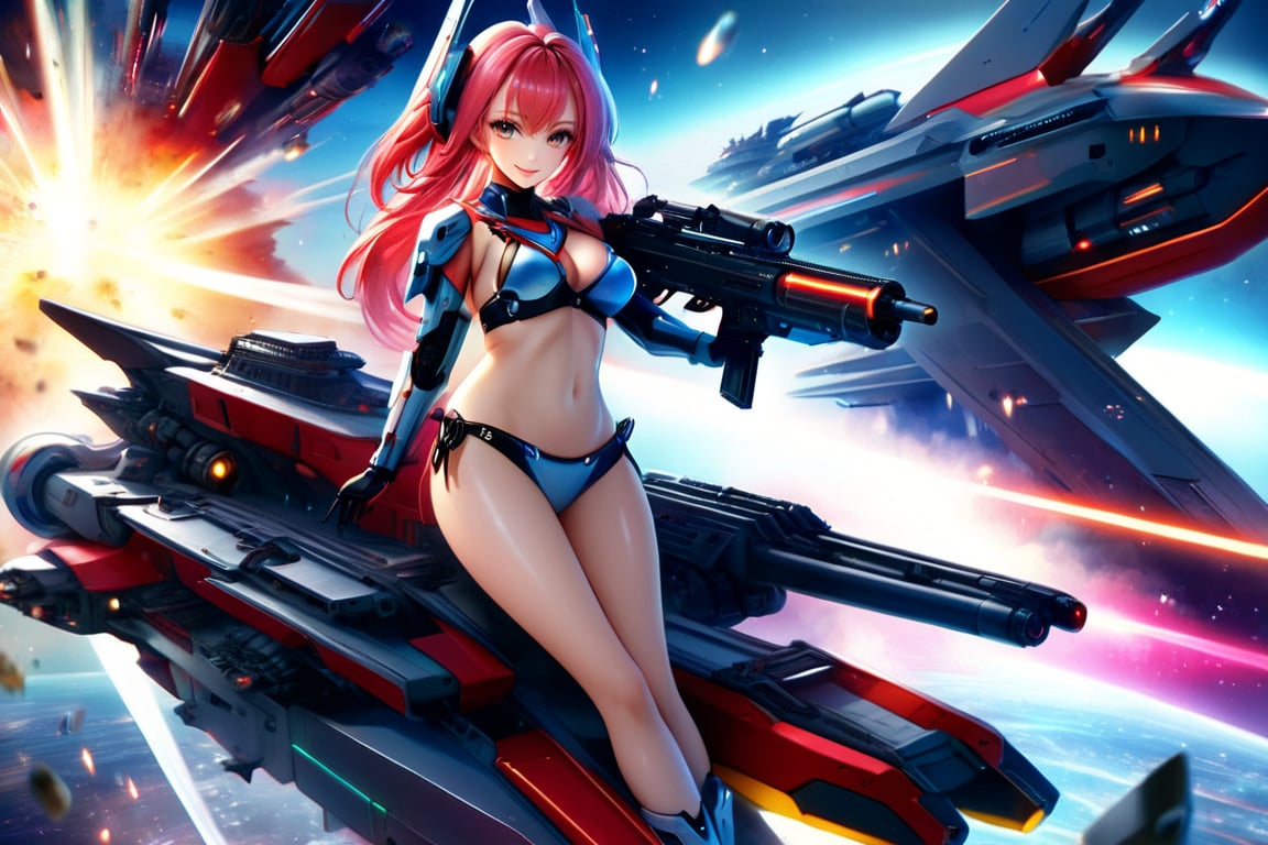 Featuring two mecha musume in bikini armor with a science fiction theme, this professional photography offers high-quality, cinematic, and realistic visuals. The character has long red pink hair,bright eyes, and a crystal-clear appearance. she is shooting a hi-tech gun,The photo showcases superb plastic texture and high resolution, with the character wearing eyeliner, long eyelashes, rouge, and fair skin.She is depicted looking at the viewer,she is yelling and sweating ,she floating in a spaceship,the background is explode battleship and her partners in outerspace, create a full figure body photo,show her legs