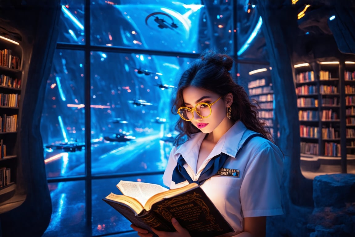 Cinematic shot, realistic image of a stunning woman with big eyes, eyeliner, pink lipstick, and fluffy yellow glasses, dressed in a white high school navy uniform, reading an ancient book in a futuristic library. The library is a model building in the style of Zaha Hadid, illuminated by cold neon lights. Through the high and big window, the blue sky is filled with flight vehicles. The woman is focused on her book, framed in a dynamic composition with the futuristic architecture and flying vehicles in the background.