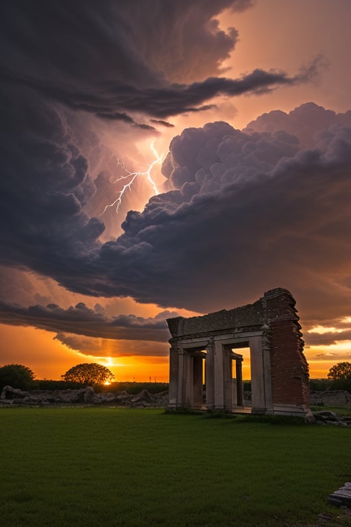 lightning sky over ruins at dusk