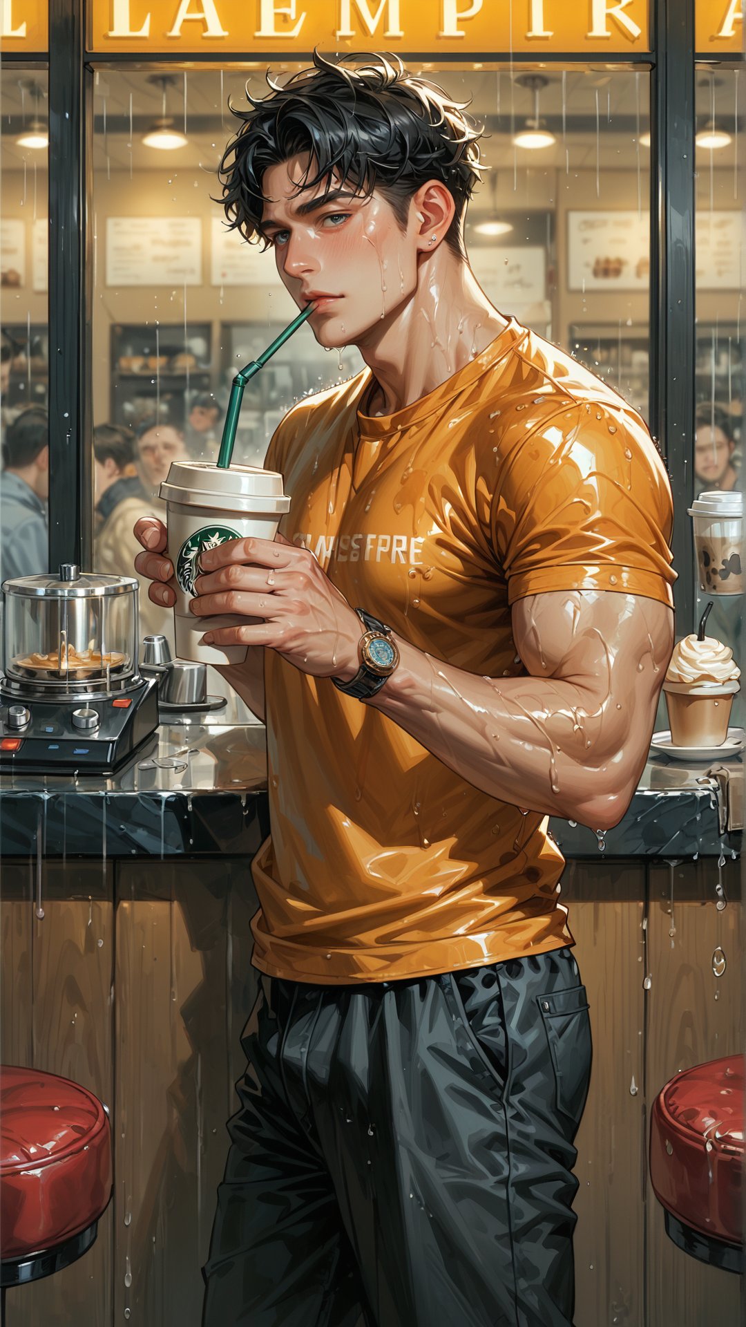 score_9, score_8_up, score_7_up, score_6_up,  rating_explicit, Expressiveh,best quality,masterpiece, masterpiece, best quality, ultra_detailed, highres, 
A handsome muscular man ( 20y ,student, oiled skin, orange T-shirt, long black pants, short black hair), drinking coffee in a coffee shop, in the rain,
at the university, Solo_Focus, full body 