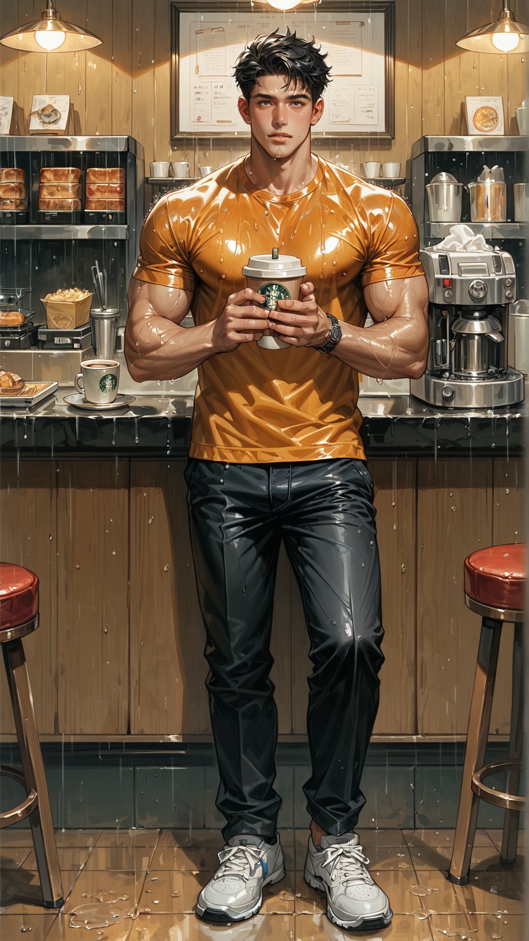 score_9, score_8_up, score_7_up, score_6_up,  rating_explicit, Expressiveh,best quality,masterpiece, masterpiece, best quality, ultra_detailed, highres, 
A handsome muscular man ( 20y ,student, oiled skin, orange T-shirt, long black pants, short black hair), drinking coffee in a coffee shop, in the rain,
at the university, Solo_Focus, full body 