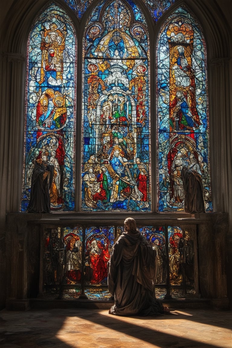 Vibrant stained glass window depicting a majestic medieval scene: intricately colored panes of blue, red, and green glass form a magnificent cathedral interior, with sunlight streaming through to highlight the delicate details of gothic arches and ornate stone carvings. A subtle gradient effect gives depth to the composition, as a lone figure in the foreground, dressed in flowing robes, kneels in contemplation before an altar adorned with symbols of faith.