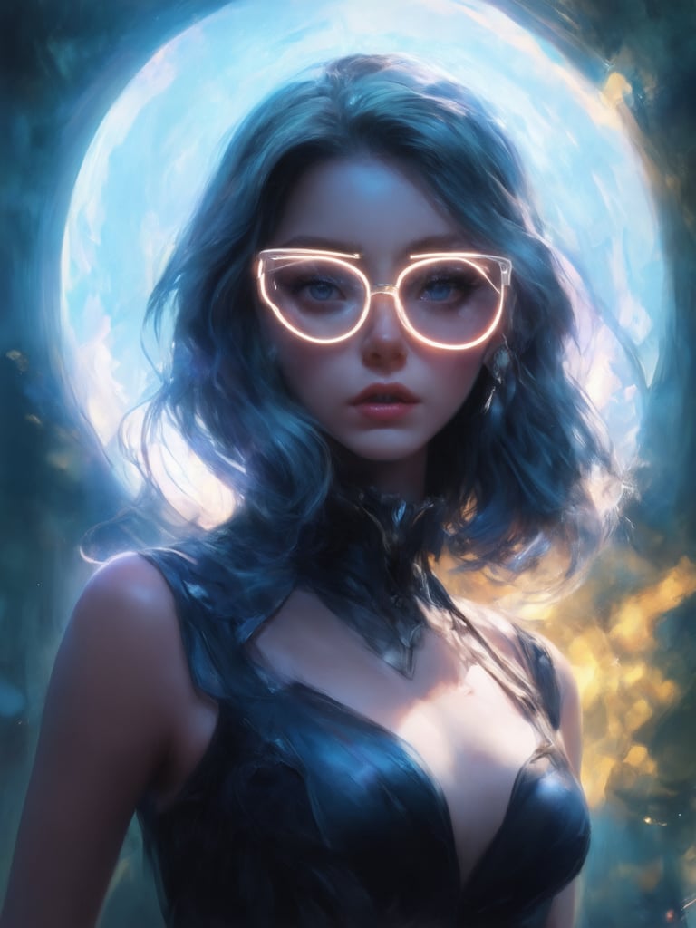 A cyberpunk beauty wearing clear neon glasses, surrounded by a warm glow of golden ratio details. In this 32k UHD digital painting, she stands out against a deep, vibrant background with subtle light leaks and subsurface scattering. Her intricate, decadent outfit shimmers in the rim light, highlighting her sharp focus and detailed face. Masterpiece-quality eyes gleam with an otherworldly intensity, set against a stunning, ever-after-high fantasy landscape, reminiscent of art by Artgerm, Loish, or Wlop.