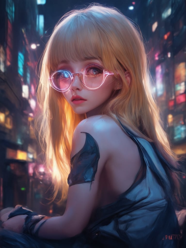 A cyberpunk girl with clear neon glasses sits elegantly amidst a futuristic cityscape. Framed by a subtle vignette, she's bathed in warm light, courtesy of a rim light that accentuates her golden hair and intricate details. Eyes gleam with a sharp focus, while delicate features are rendered in exquisite detail. A symphony of vibrant complementary colors dances across the deep background, punctuated by light leaks and subsurface scattering. Art by [Artgerm] meets [Loish] meets [Wlop], as this stunning digital painting transcends mere fantasy, becoming an ever-after masterpiece.