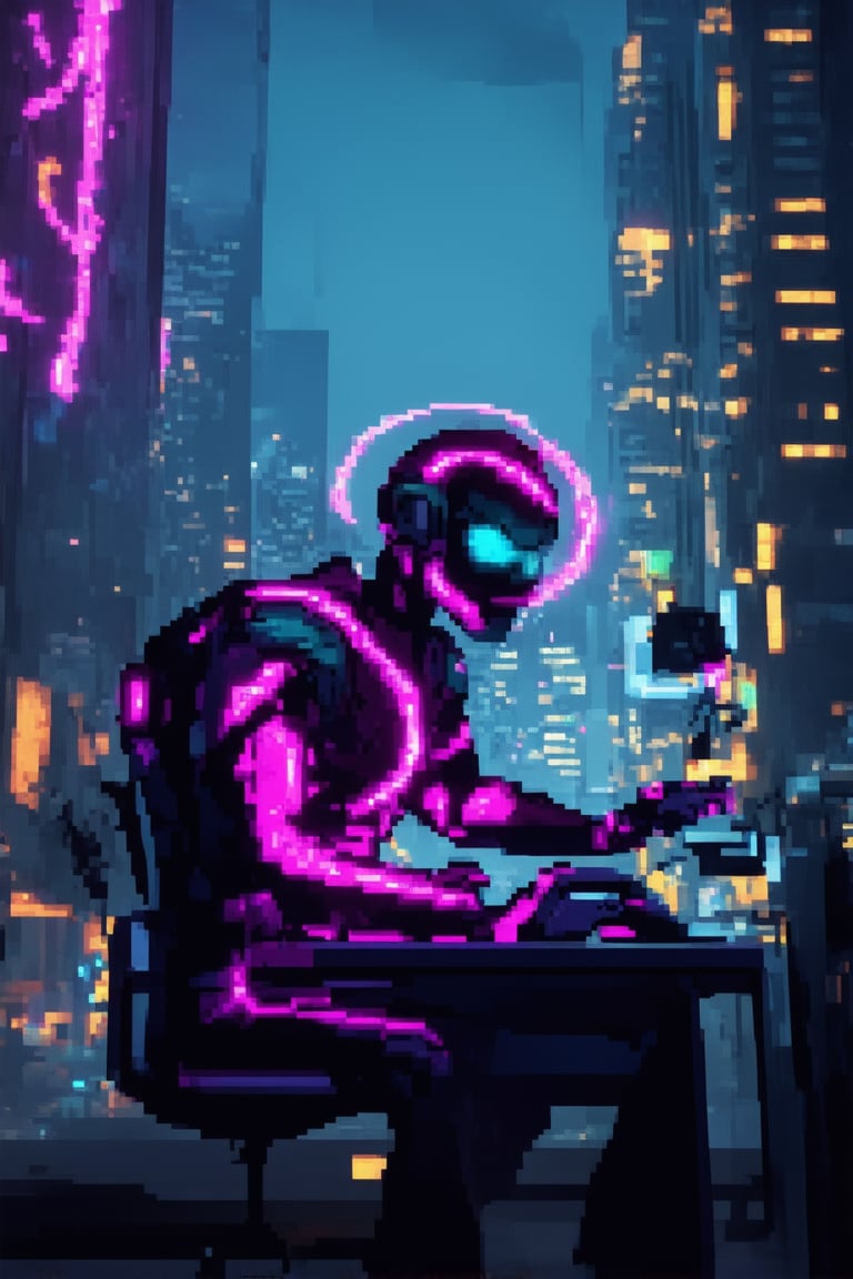 A futuristic gamer, dressed in a neon-lit jumpsuit, sits at an edge-of-the-desk console amidst a swirl of holographic wires and flashing LED lights. The gamer's eyes gleam with determination as they grasp a controller, the fingers poised to unleash a digital storm. In the background, a cityscape flickers like a screensaver, its towering skyscrapers and bustling streets reduced to pixelated chaos.