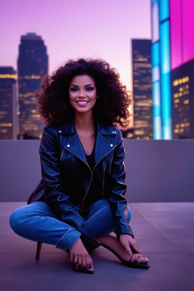 A 1980s-inspired beauty portrait: A stunning model with big hair, bold eyebrows, and a radiant smile sits in front of a neon-lit cityscape at dusk. She's dressed in a fitted leather jacket, high-waisted skinny jeans, and chunky heels, her long legs crossed as she poses confidently. Soft focus and warm lighting enhance the retro vibe, while pastel hues and geometric shapes fill the background.