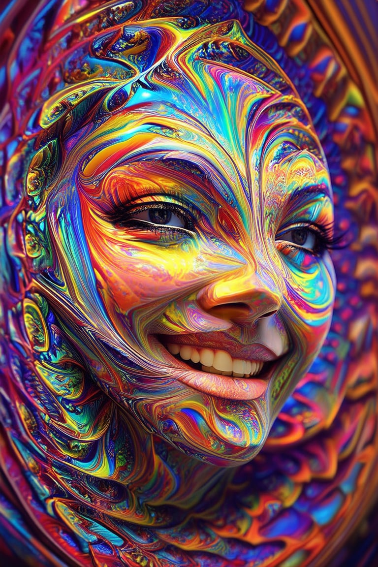 A vibrant 3D image of a face with bold, swirling colors, like a kaleidoscope come to life. The subject's features are intricately detailed, with shimmering eyes and a bright smile. Against a blurred background, the face is centered in a circular frame, with colorful shapes and patterns radiating outward from the edges.