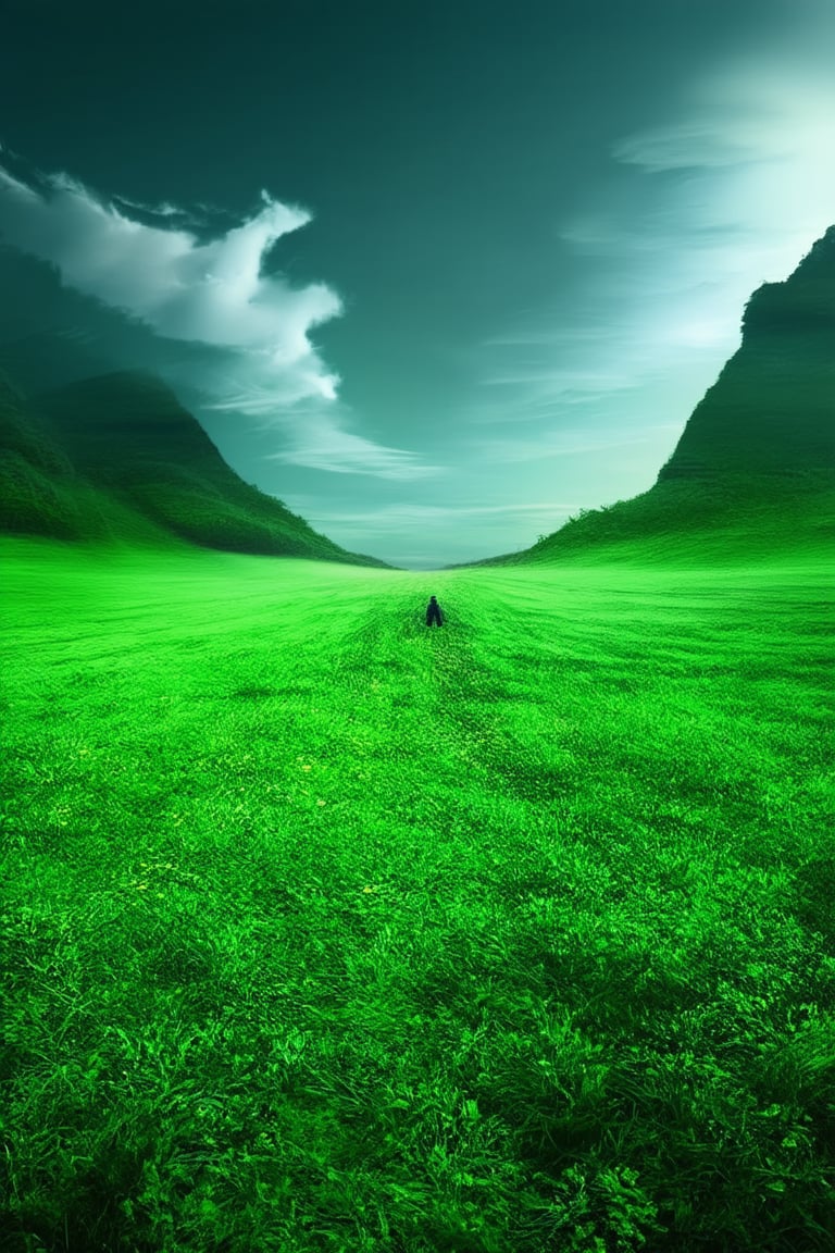 A surreal dreamscape unfolding: a vibrant green meadow stretches into the distance, with wispy clouds drifting lazily across the sky. In the foreground, a lone figure, shrouded in misty mystery, stands at the edge of the frame, arms outstretched and eyes closed, as if channeling the essence of the dream.