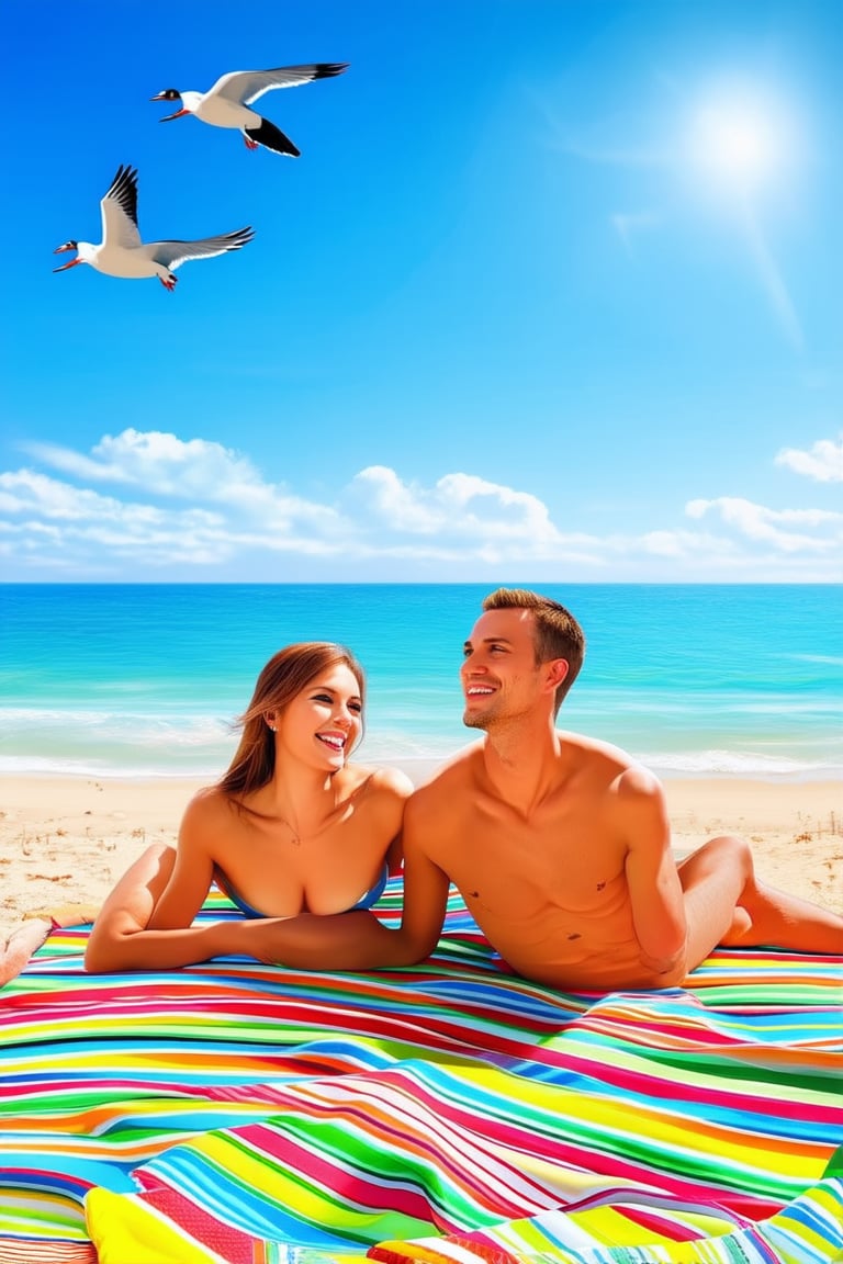 A bright blue sky with only a few wispy clouds frames a stunning beach scene. Warm sunlight casts a golden glow on a young couple lounging on a colorful striped towel, their smiling faces radiating joy as they soak up the sun's rays. Seagulls fly overhead, adding to the lively atmosphere.