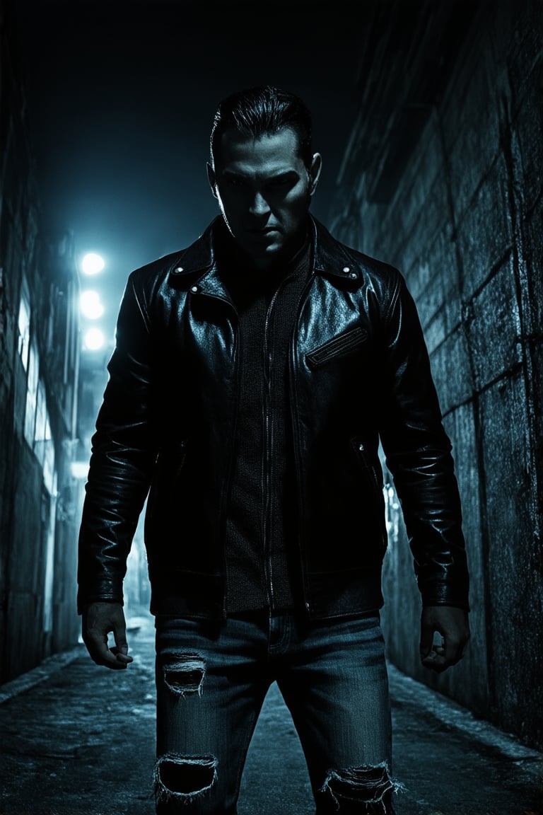 A dark figure emerges from the shadows, clad in a black leather jacket and torn jeans, eyes gleaming with intensity under the dimly lit alleyway. The cityscape looms behind him, neon lights reflecting off his slicked-back hair. His strong jawline sets against a backdrop of gritty concrete, the hero's pose exudes confidence, ready to take on whatever darkness lurks ahead.