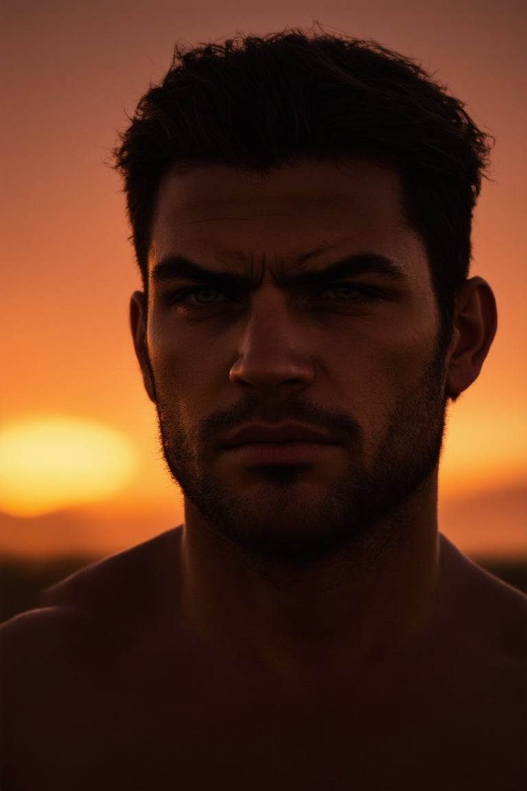 A dramatic close-up shot of Jerro's determined face, with a hint of ruggedness, set against a warm sunset backdrop, where the sky transitions from deep orange to soft pink. His eyes are narrowed, and his jawline is defined as he gazes intensely into the distance, with a faint crease on his forehead, conveying a sense of focus and unwavering resolve.