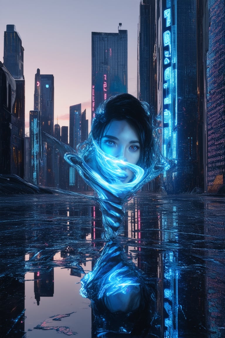 A futuristic cityscape at dusk, with towering skyscrapers and neon lights reflecting off wet pavement. A holo projection of a woman's face (Dyss) floats above the concrete, her digital eyes glowing bright blue as she appears to float amidst a swirling vortex of holographic code.