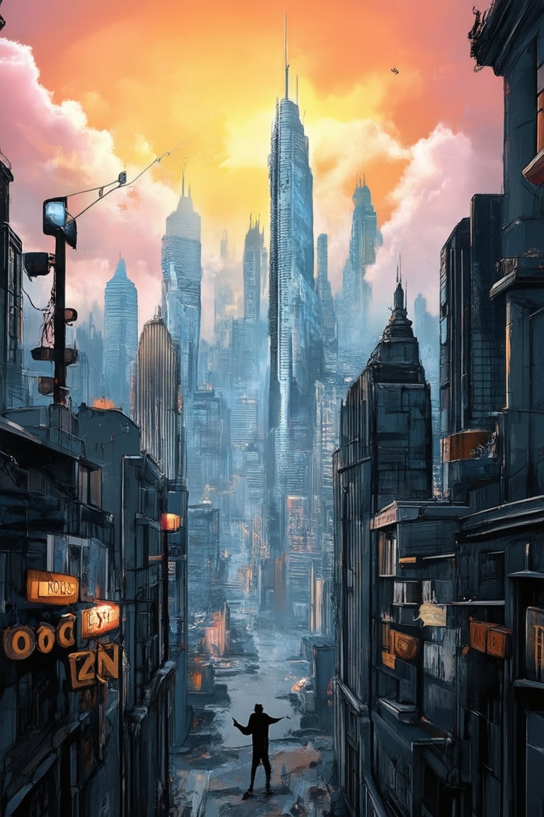 A surrealistic cityscape at dusk: a dreamlike metropolis with towering skyscrapers, their peaks shrouded in mist, as a lone figure stands atop a building, arms outstretched, against a vibrant orange and pink sky, where wispy clouds resemble cotton candy, with the sound of distant whispers and creaking wooden signs filling the air.